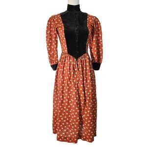 Vintage 1980s Cotton & Velvet Floral Old West-Style Praire Dress